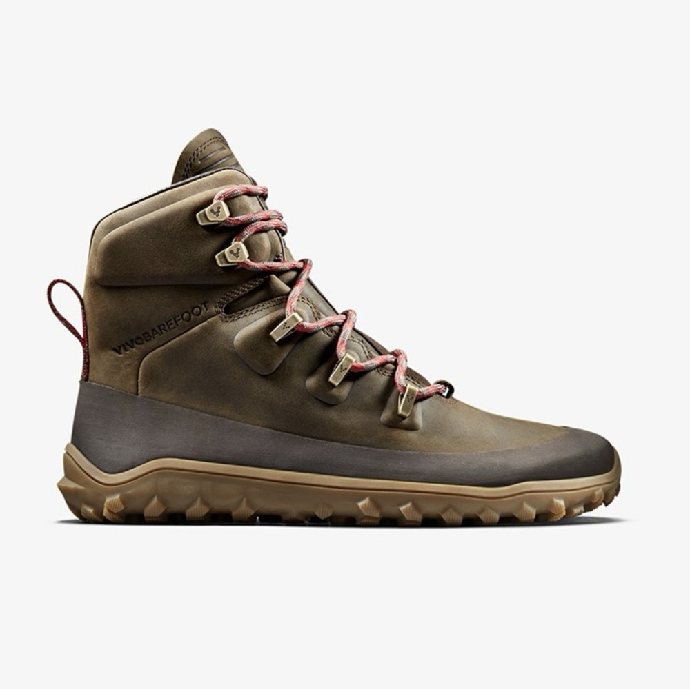 Vivo barefoot Olive Brown Outdoor Trail Boot with Red Accents